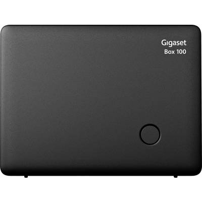 Black Gigaset Box 100 with minimalist design and a small round button located bottom right, company logo positioned top right.