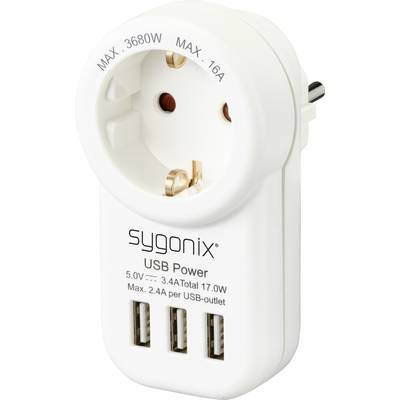 White adapter with socket and three USB ports. Labels show maximum power: 3680W, 16A, USB 5V, 3.4A.