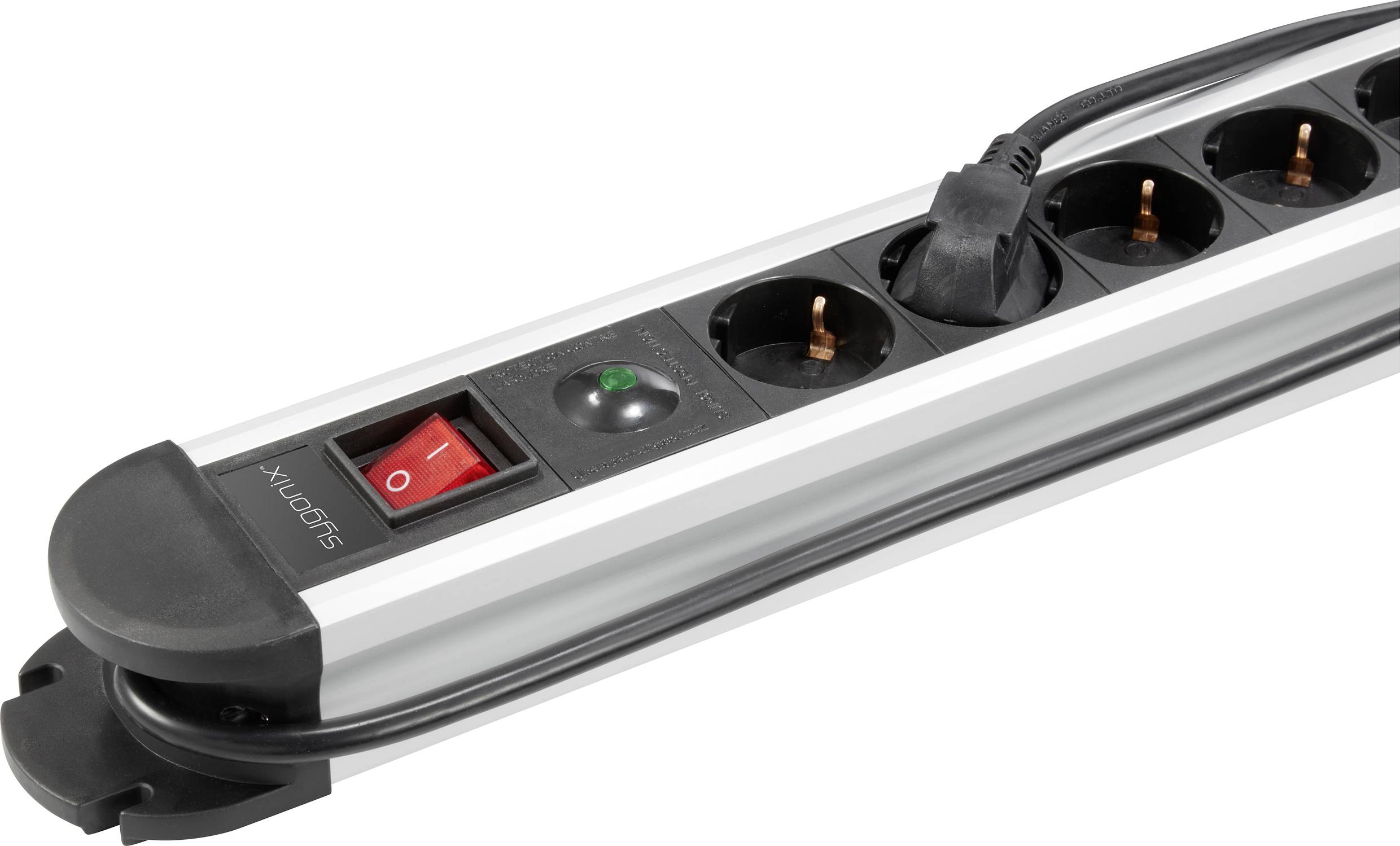 Six-way extension socket with switch and cable. One black plug is inserted. Ideal for multiple connections.