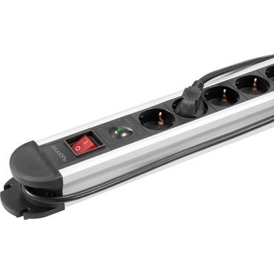 Six-way extension socket with switch and cable. One black plug is inserted. Ideal for multiple connections.