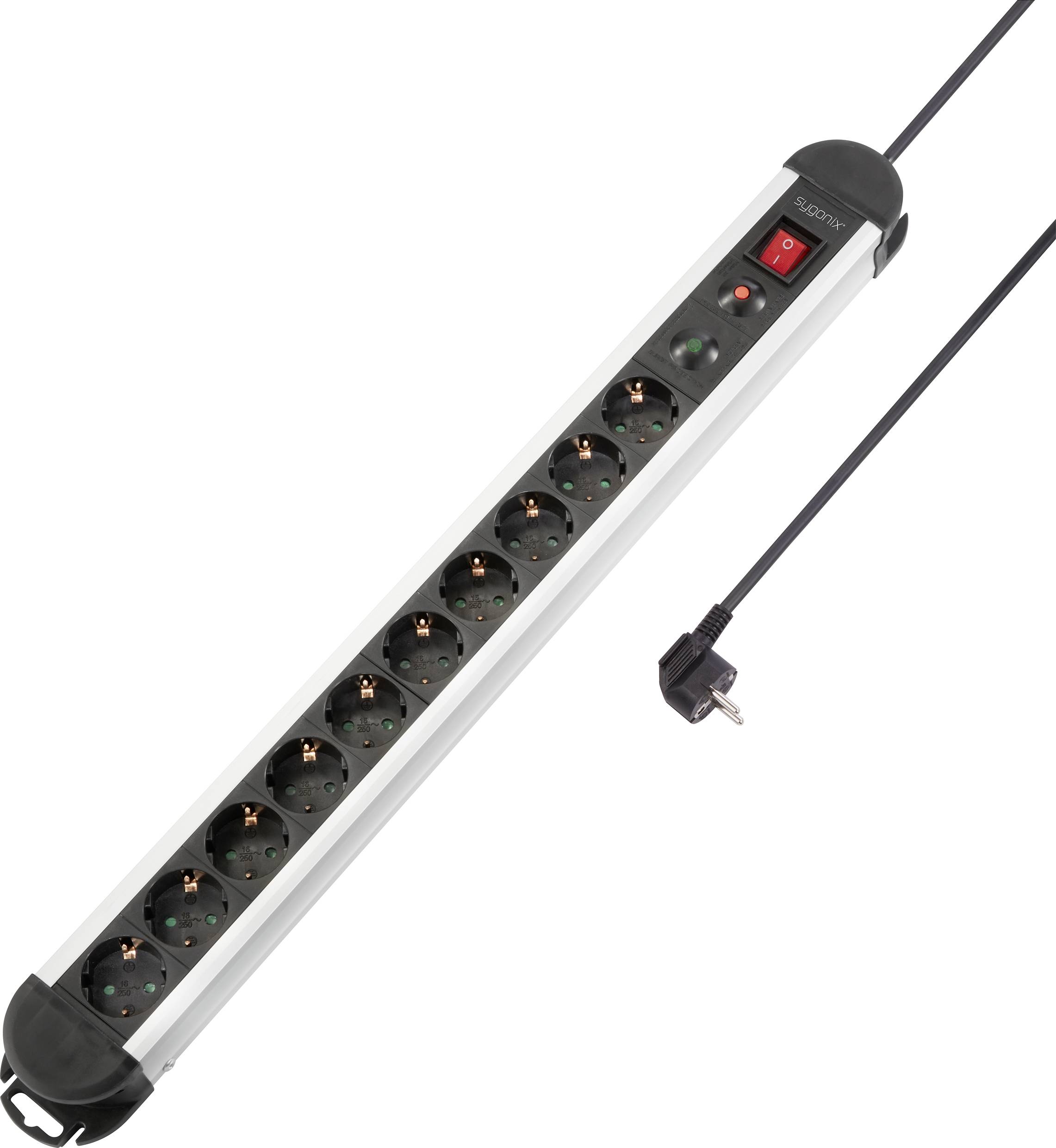 A multi-socket extension lead with ten plug sockets and an on/off switch. One cable with a plug is included.