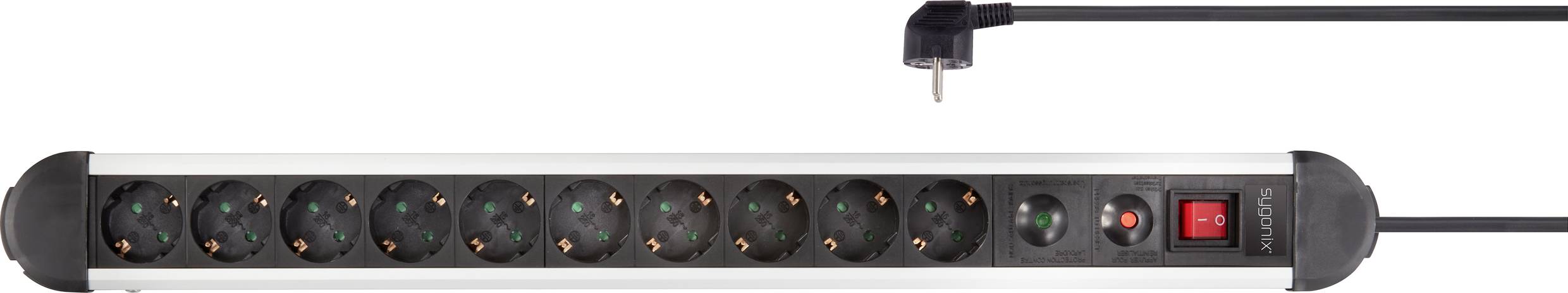 'Black power strip with eight outlets and a red master switch, connected to a black power cable.'