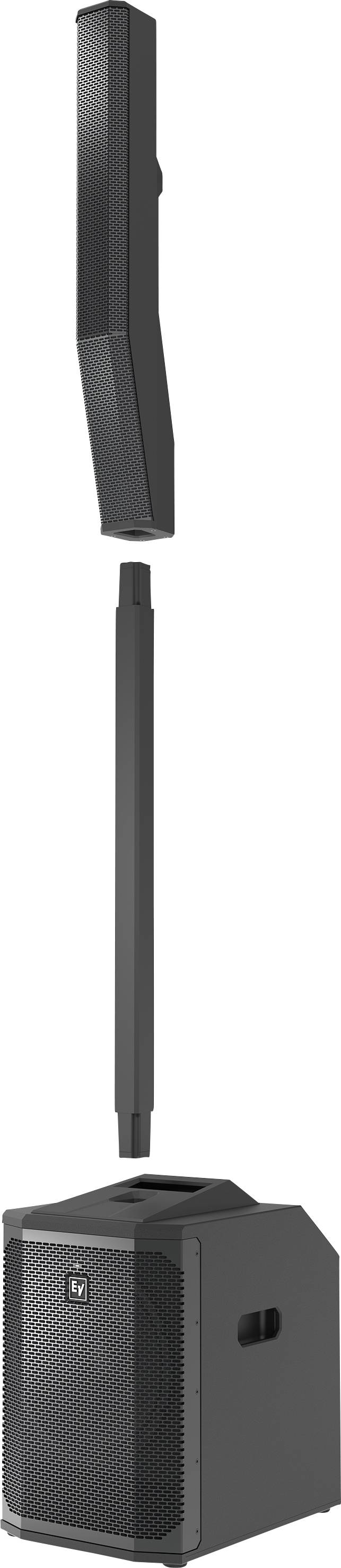 A black, modular loudspeaker system with separate components: subwoofer, stand and vertical speaker.