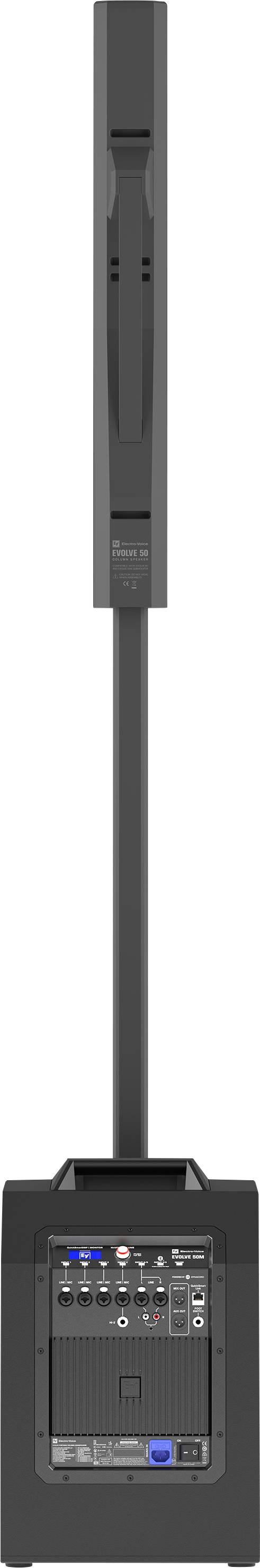 A black portable speaker with a vertical design. At the top is a long speaker, with a box featuring control panel and connections at the bottom.