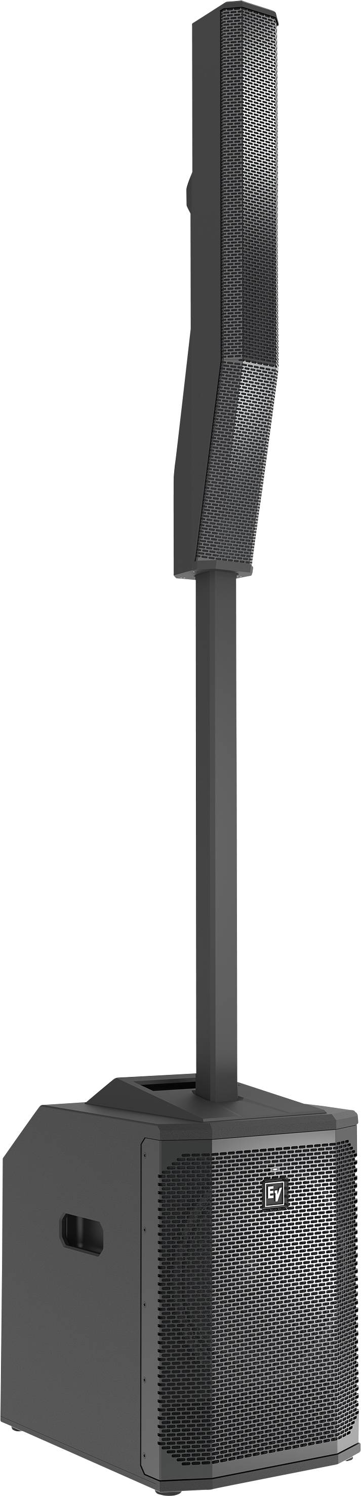 A black speaker system consisting of a bass speaker with handles and a slim, mounted column.