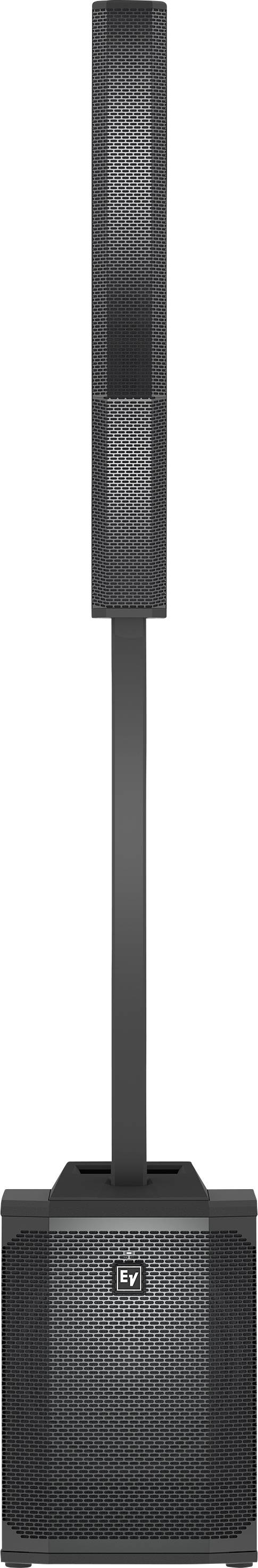 A black speaker with a rectangular subwoofer and two slim columnar speakers positioned vertically. Ideal for sound reinforcement.