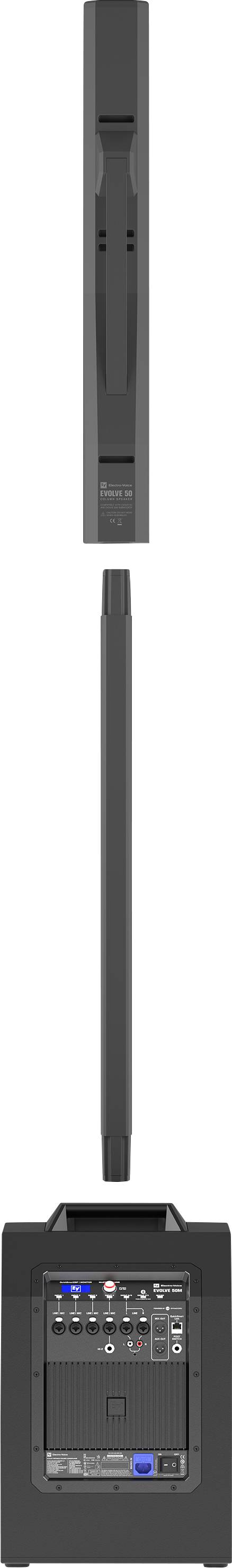 Portable audio system with speaker, control module with ports, controls and handle. Connecting rod in the centre.