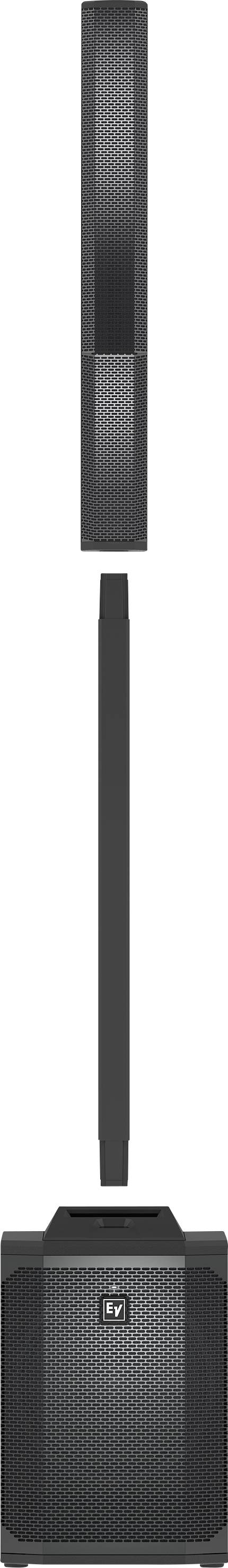 'Portable speaker system with three parts: speaker, middle section, and base unit. Black, suitable for events.'