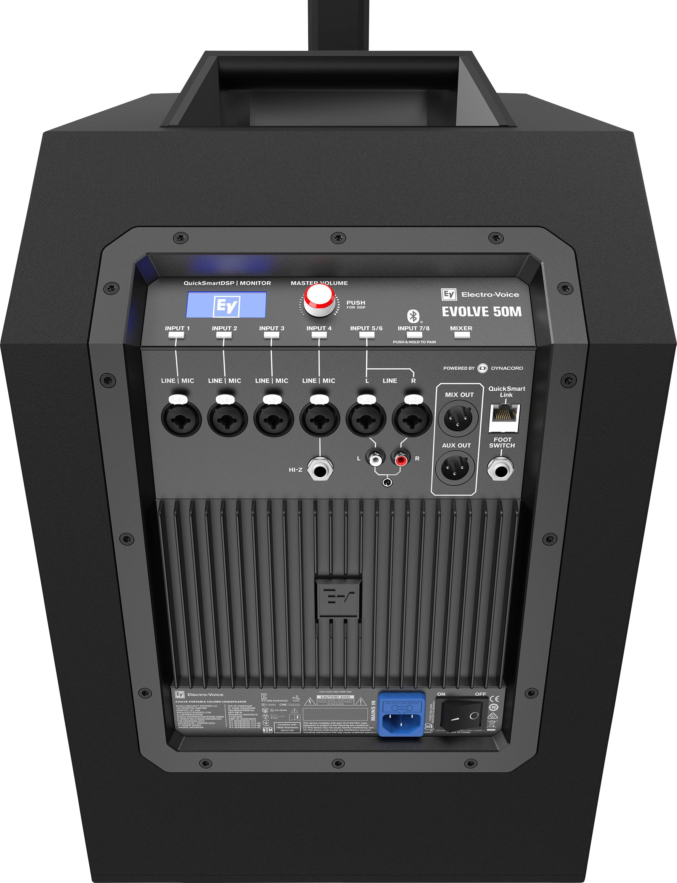 Rear view of a speaker with multiple audio connections, controls, and labels reading 'EVOLVE 50M'. Shows technical details.