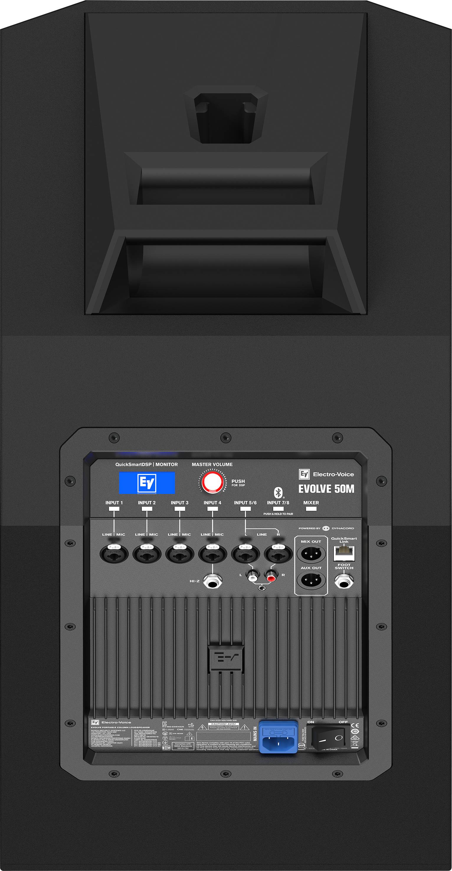 'Back of a speaker with connections and controls. Brand logo visible. Includes XLR, jack, and Bluetooth interfaces.'