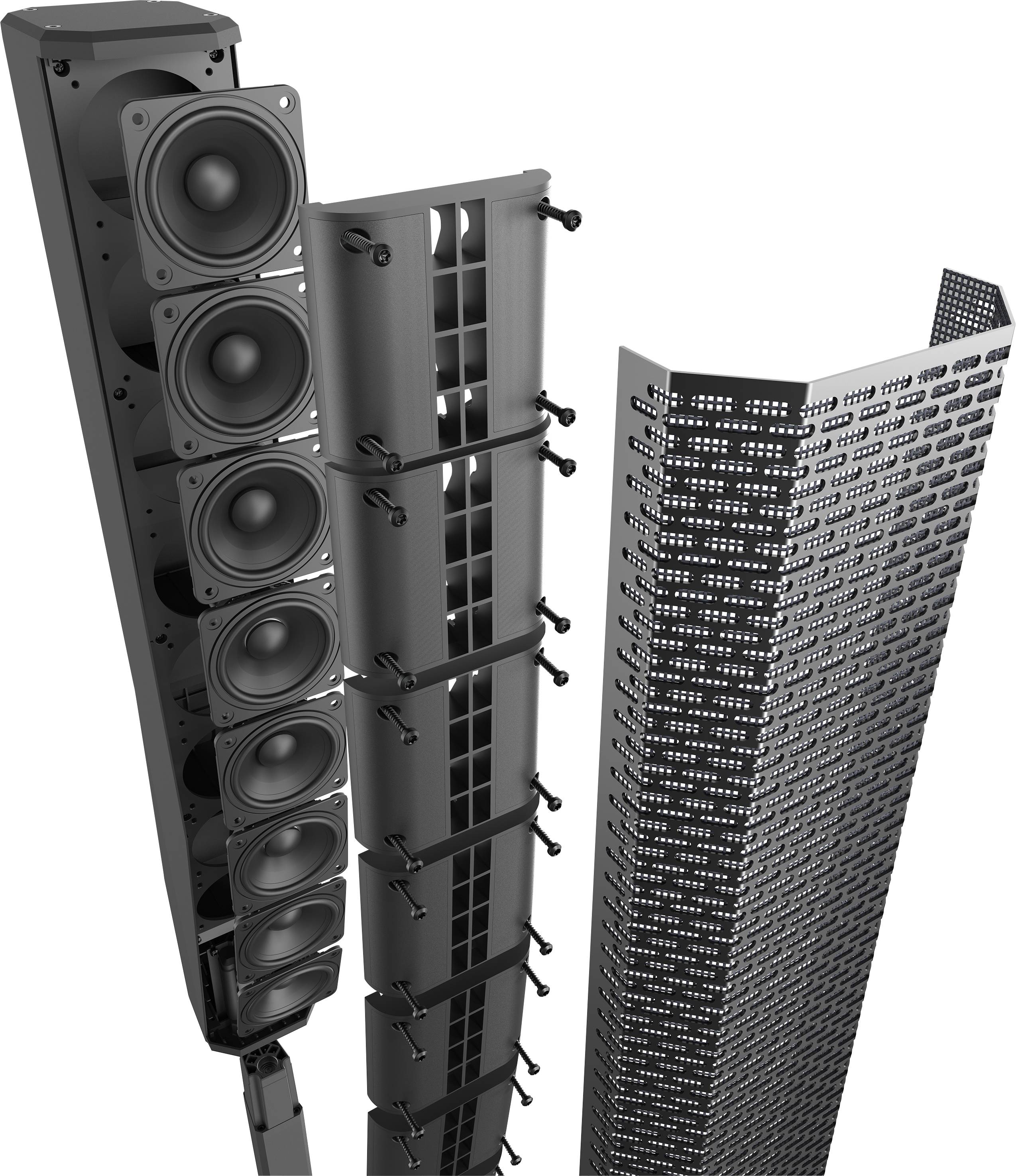 Speaker system in vertical arrangement with multiple speakers and removed protective grille, showing internal structure and configuration.