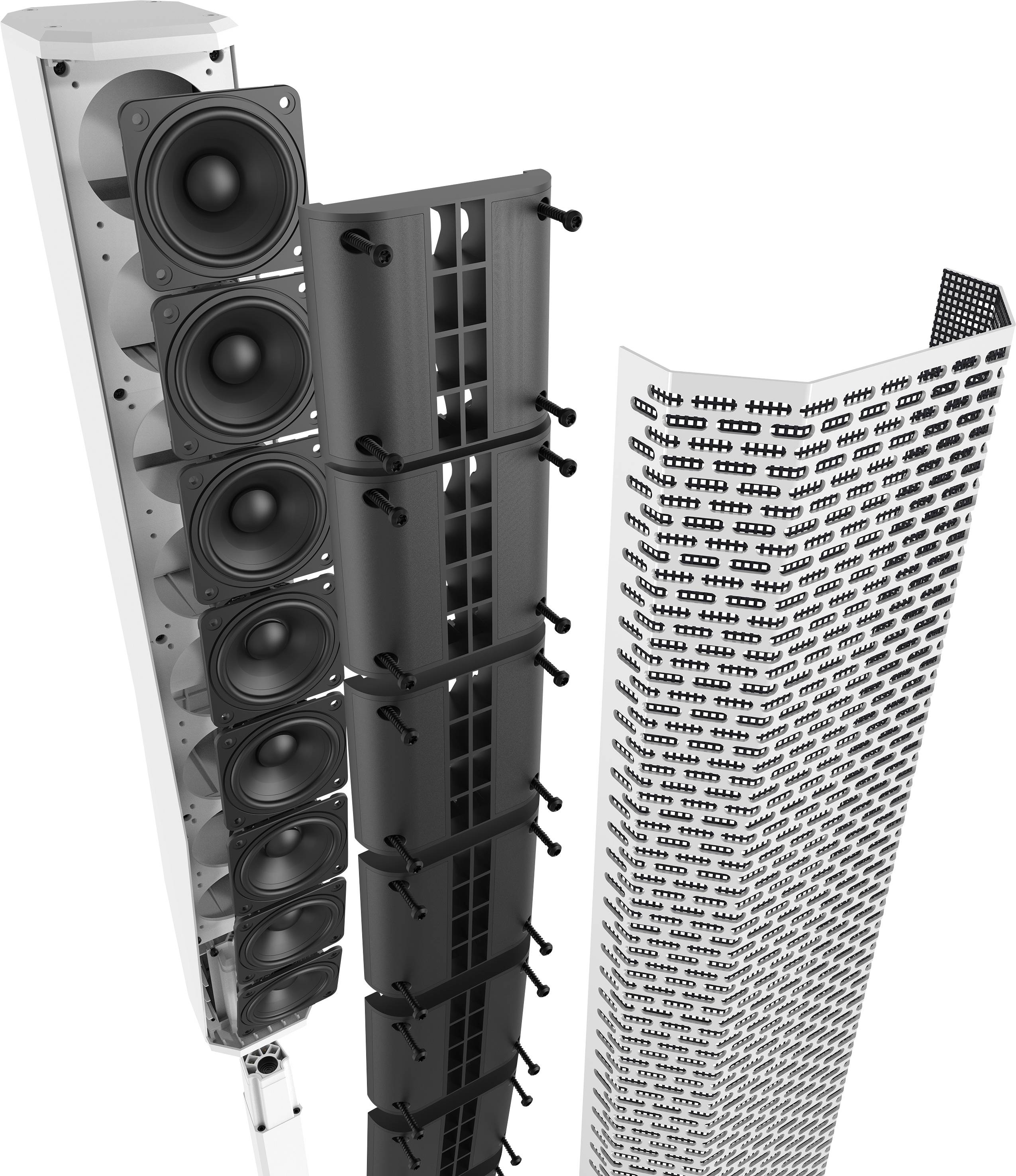 Loudspeaker system in vertical arrangement: eight speakers on the left, cover with open rear view and mounting elements on the right.