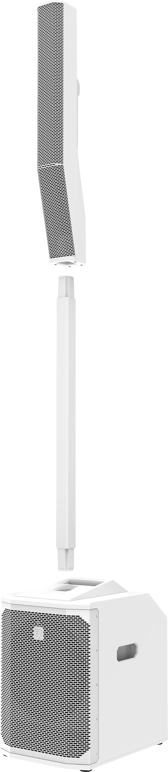 White column PA system with speaker tower mounted on a subwoofer, suitable for events or conferences.
