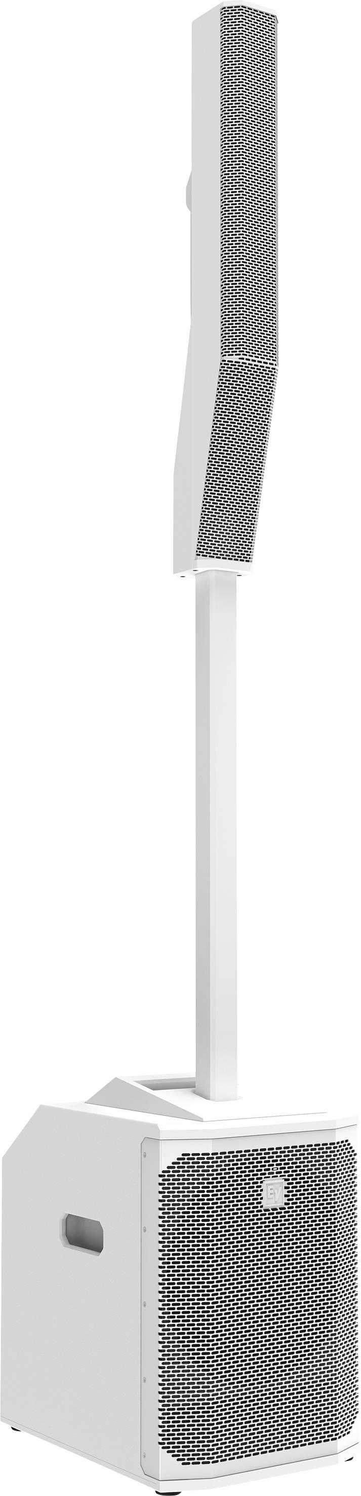 White speaker system with a rectangular bass speaker at the bottom and a slim vertical speaker at the top, ideal for events.