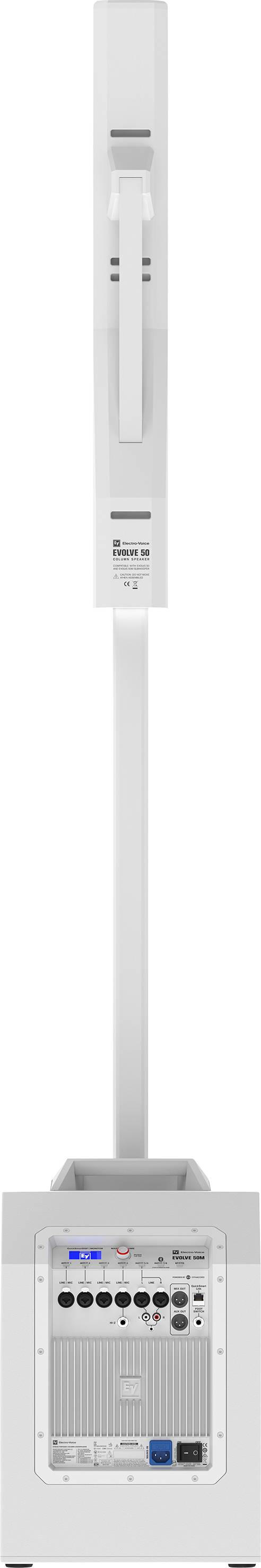 'LD Systems MAUI 5' portable columnar PA system in white, consisting of multiple components: subwoofer, speakers and connection control panel.