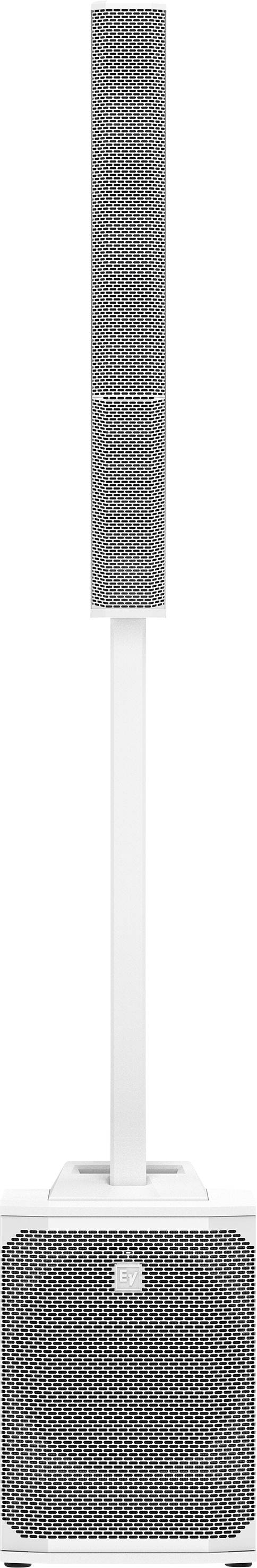 A white-grey speaker system with a tall, slim design and rectangular base.
