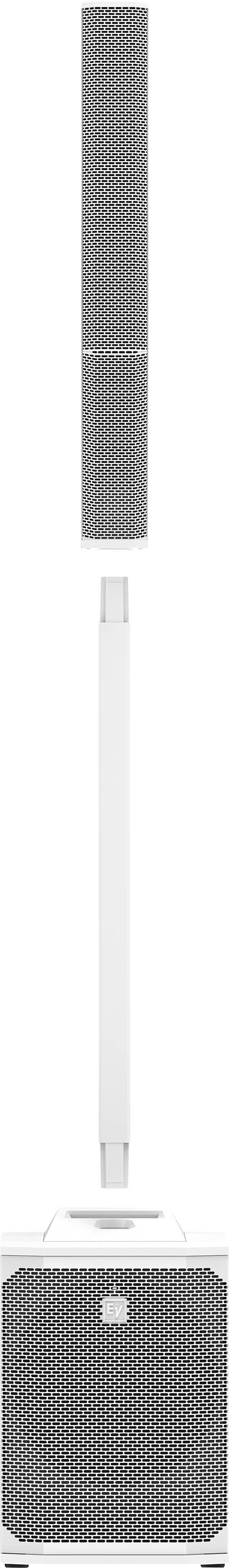 White, vertically-oriented speaker system with a rectangular bass module at the bottom and two vertically stacked speaker elements on top.