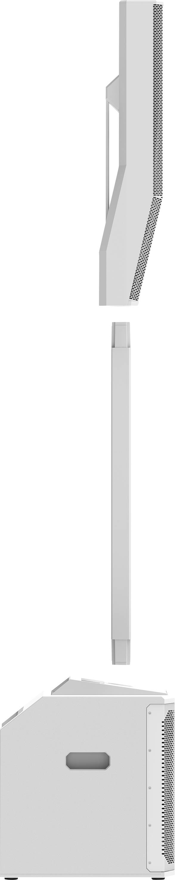 Loudspeaker system in modular design with vertical configuration: base, mid-section and upper unit display a sleek form.