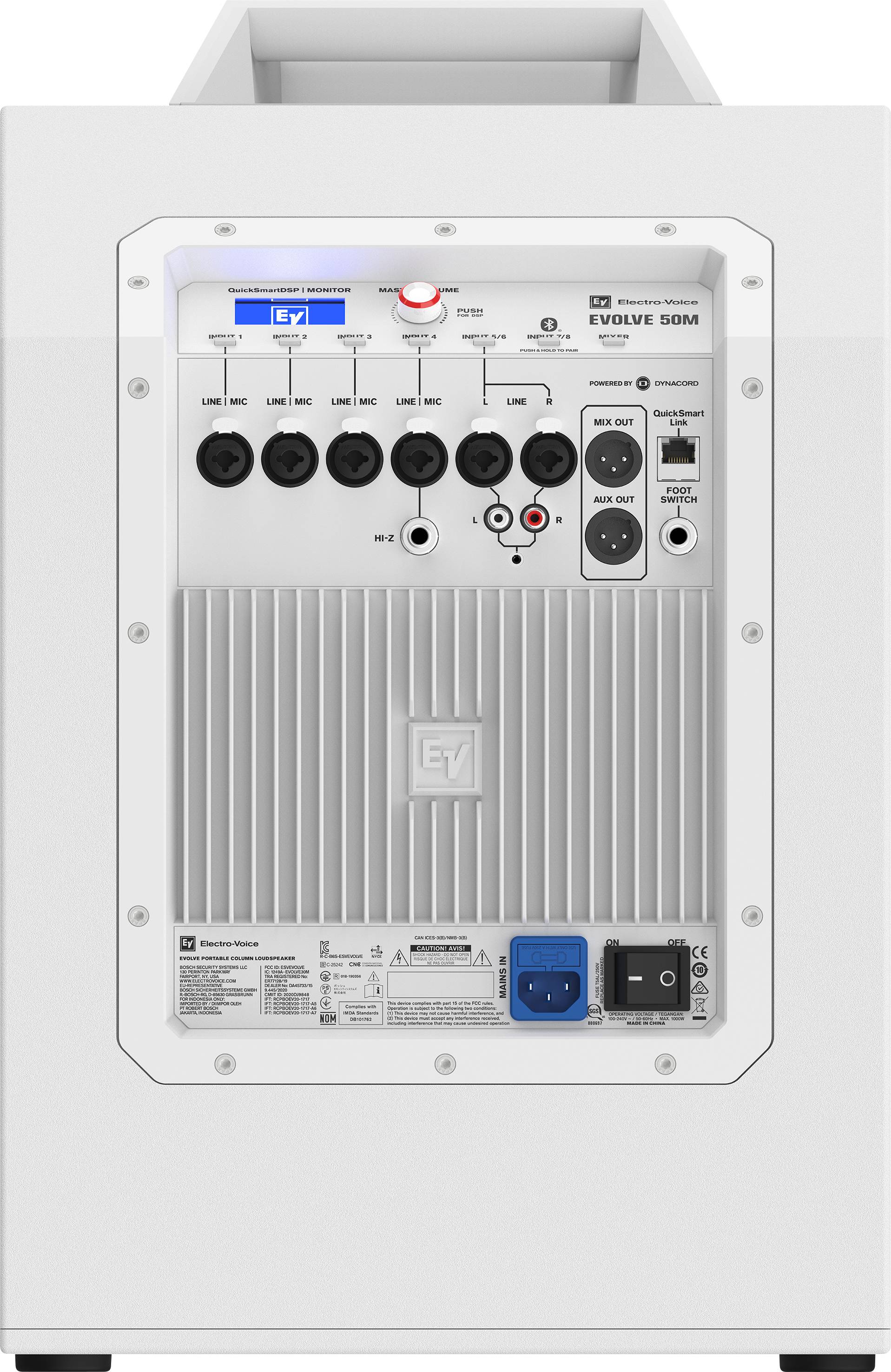 Back of a speaker with various audio connections and controls. Company logo visible in the top left corner.