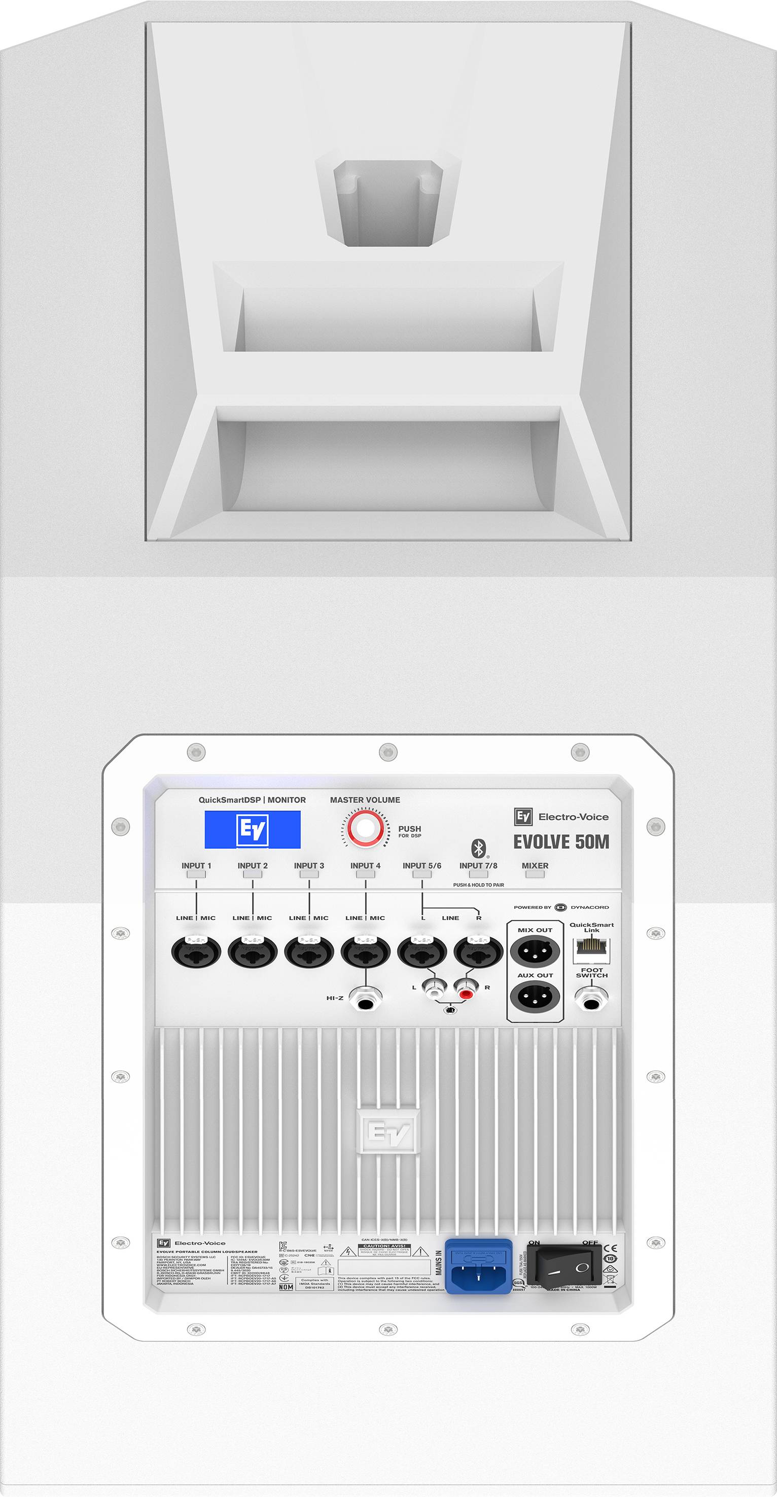 A white speaker with controls and connections on the back, including XLR, power switch, and Bluetooth symbol.