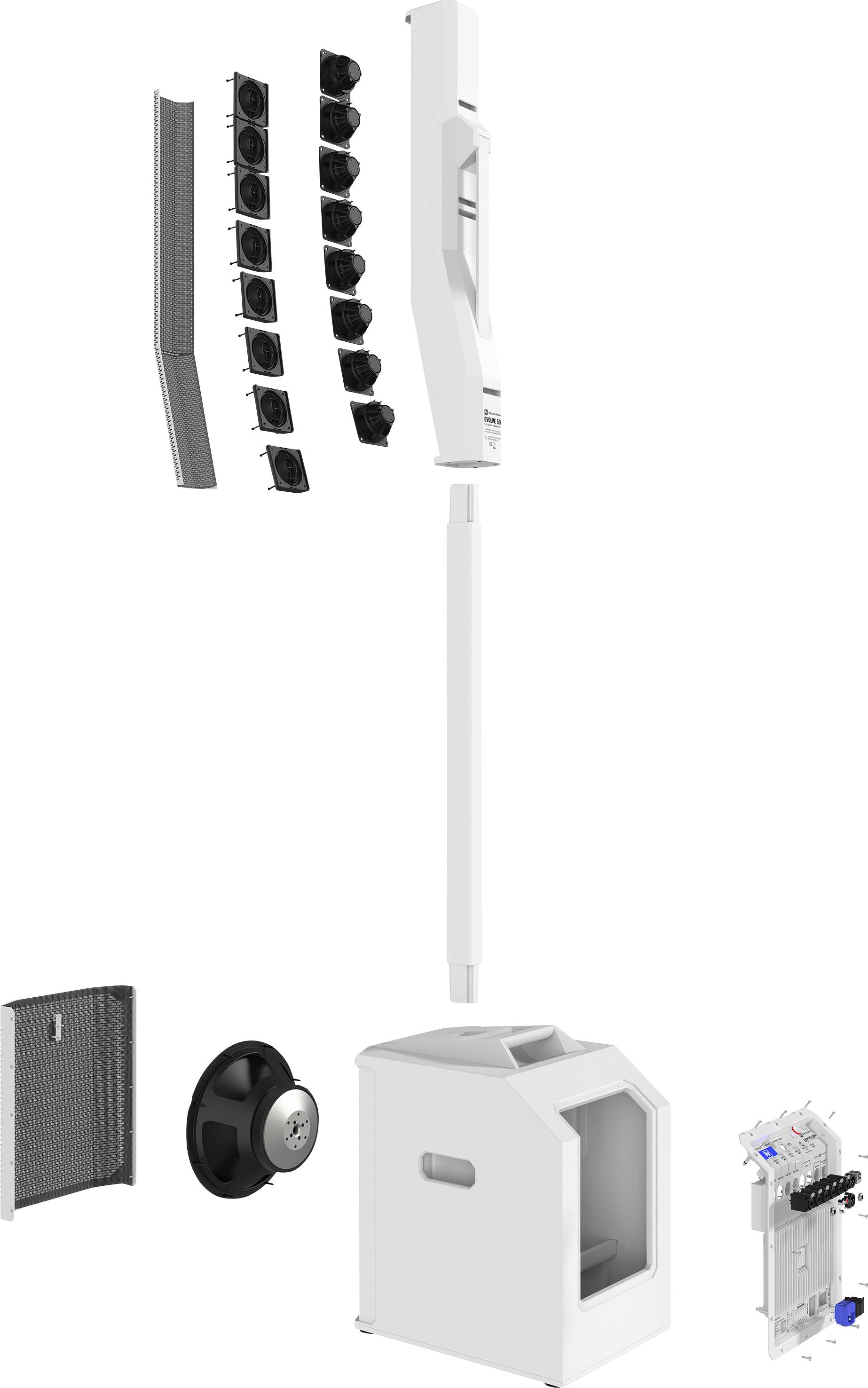 'Exploded diagram of a speaker system: Individual components such as housing, speaker components, and electronic module are shown.'