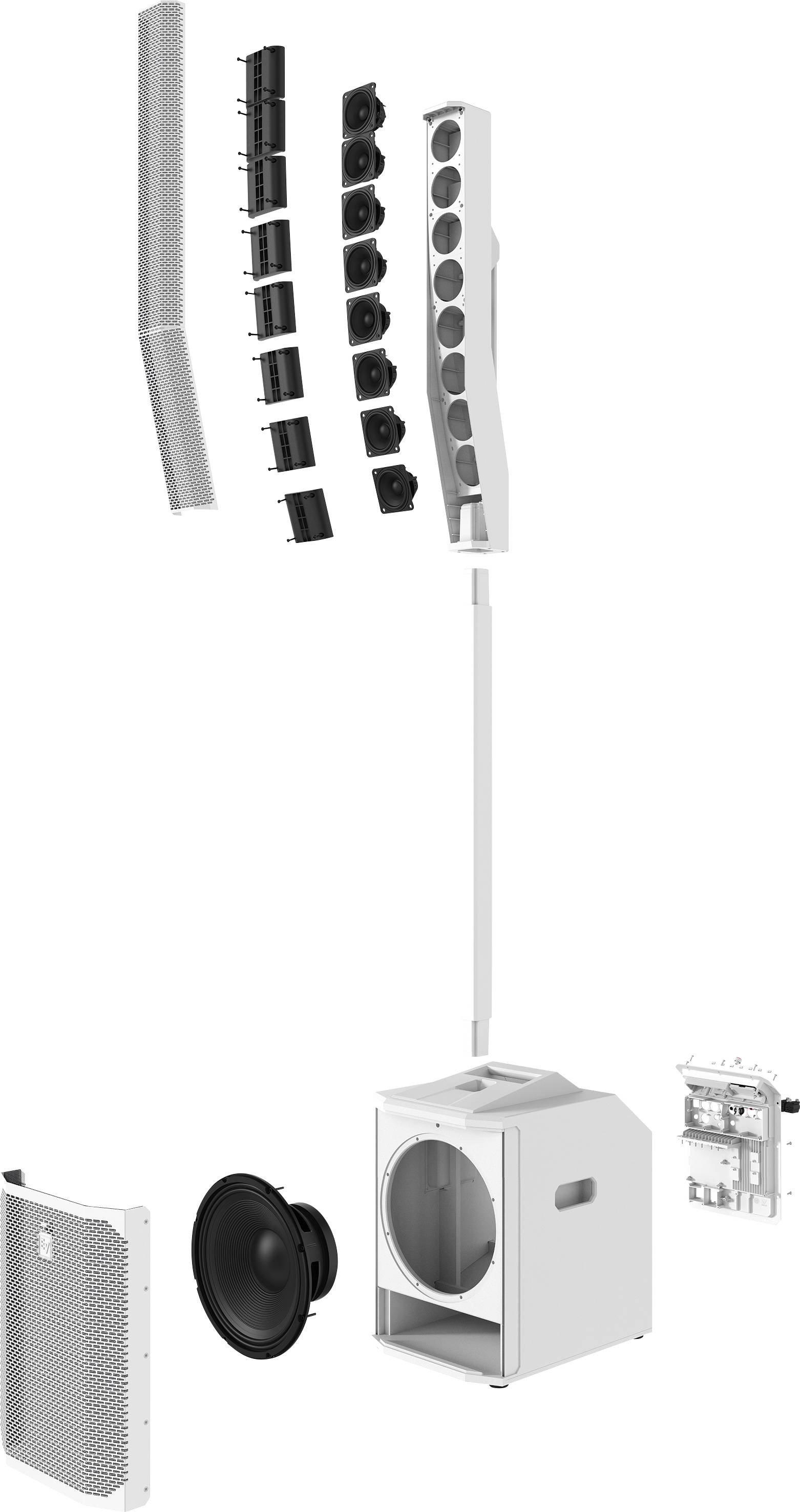 Disassembled speaker system with multiple components: enclosure, speakers, protective grille, and electronics, arranged in order of installation.