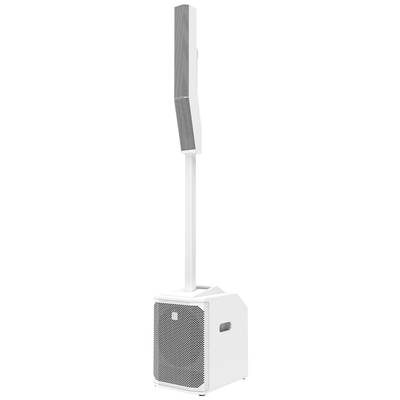 White, standing loudspeaker system with a rectangular base and vertically oriented speakers on top. Suitable for audio events.