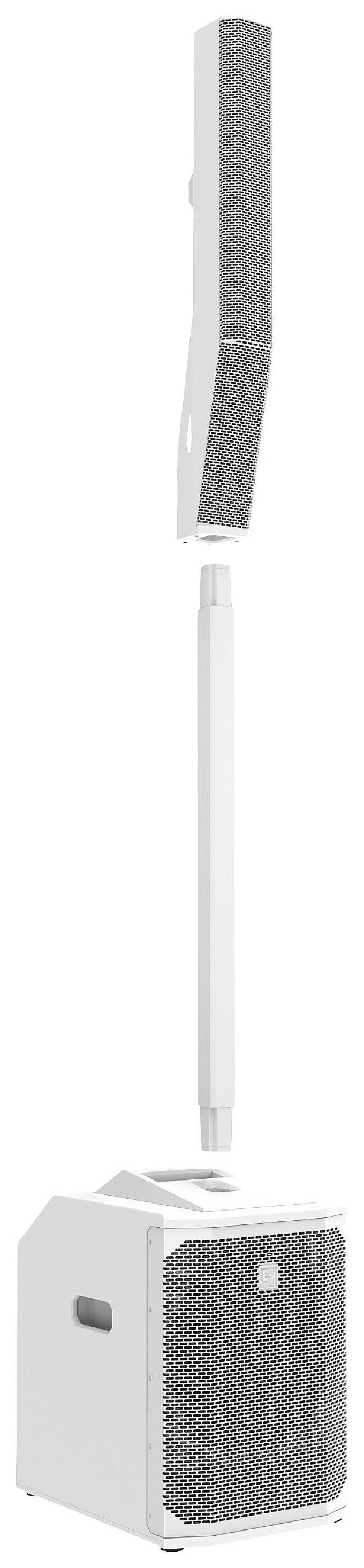 A white speaker system with a stand and speakers located at the top and bottom. Designed for events or concerts.