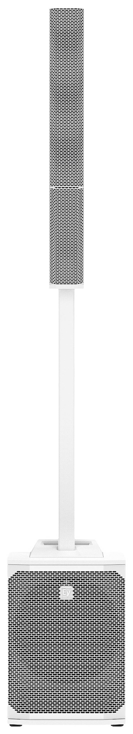 A white loudspeaker with multiple speaker units vertically arranged. Suitable for sound reinforcement in large spaces.