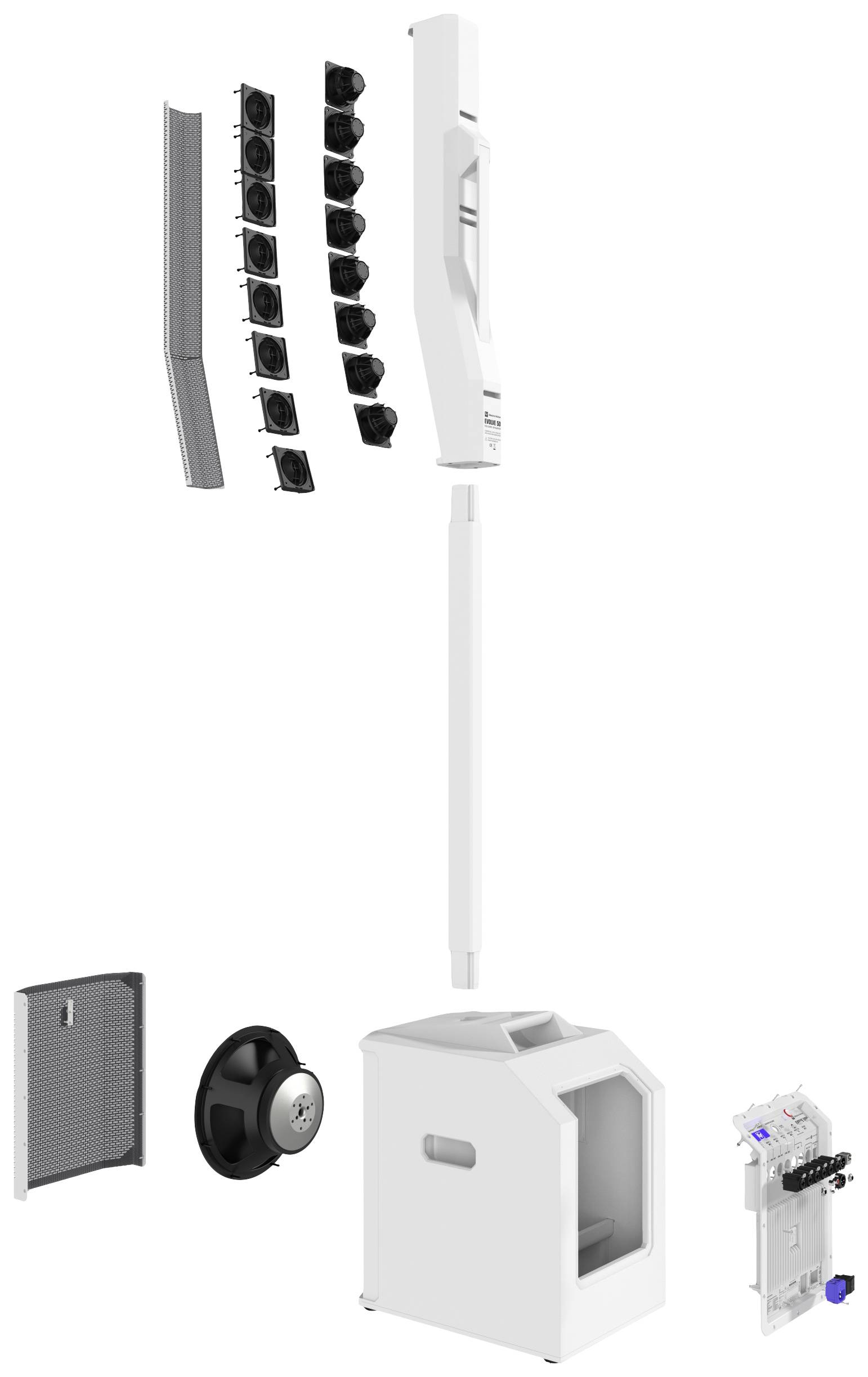 A white modular speaker system with multiple speaker components laid out in individual parts. Includes a bass unit.