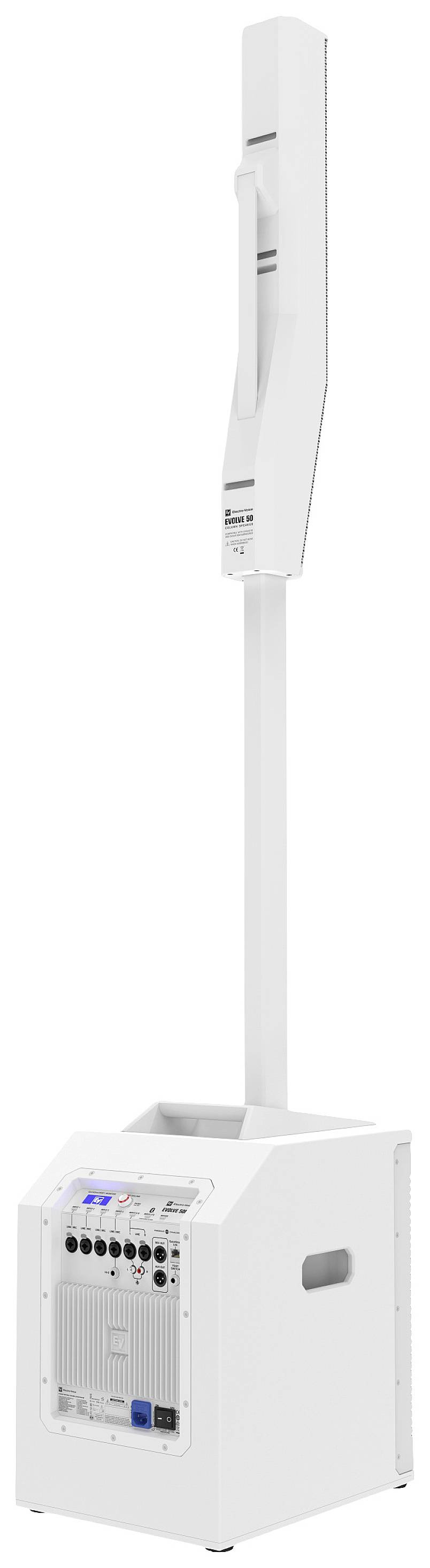 A slim, white speaker with a rectangular base stand and multiple connections, suitable for events or presentations.