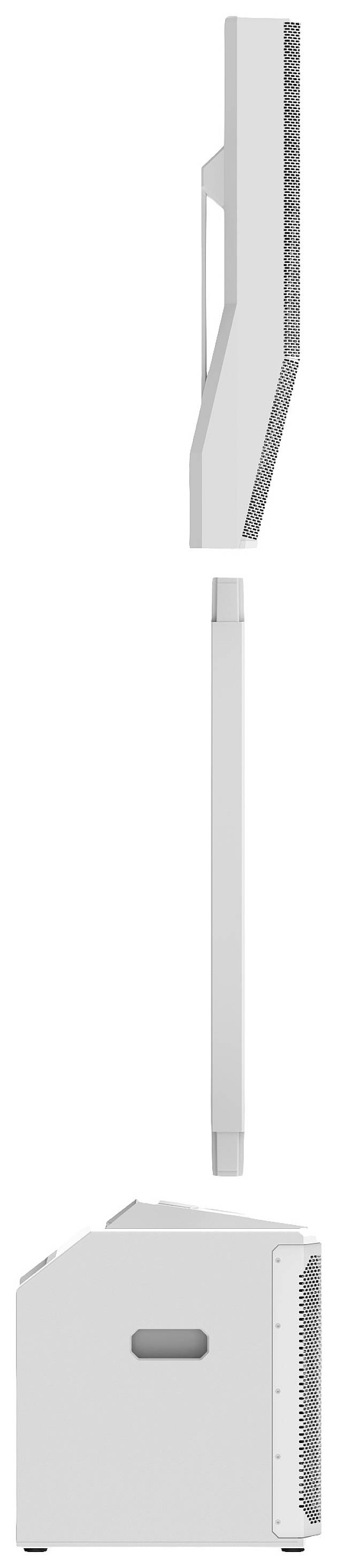 The illustration depicts a multi-component speaker system with a subwoofer, a middle section, and a vertical speaker, viewed from the side.