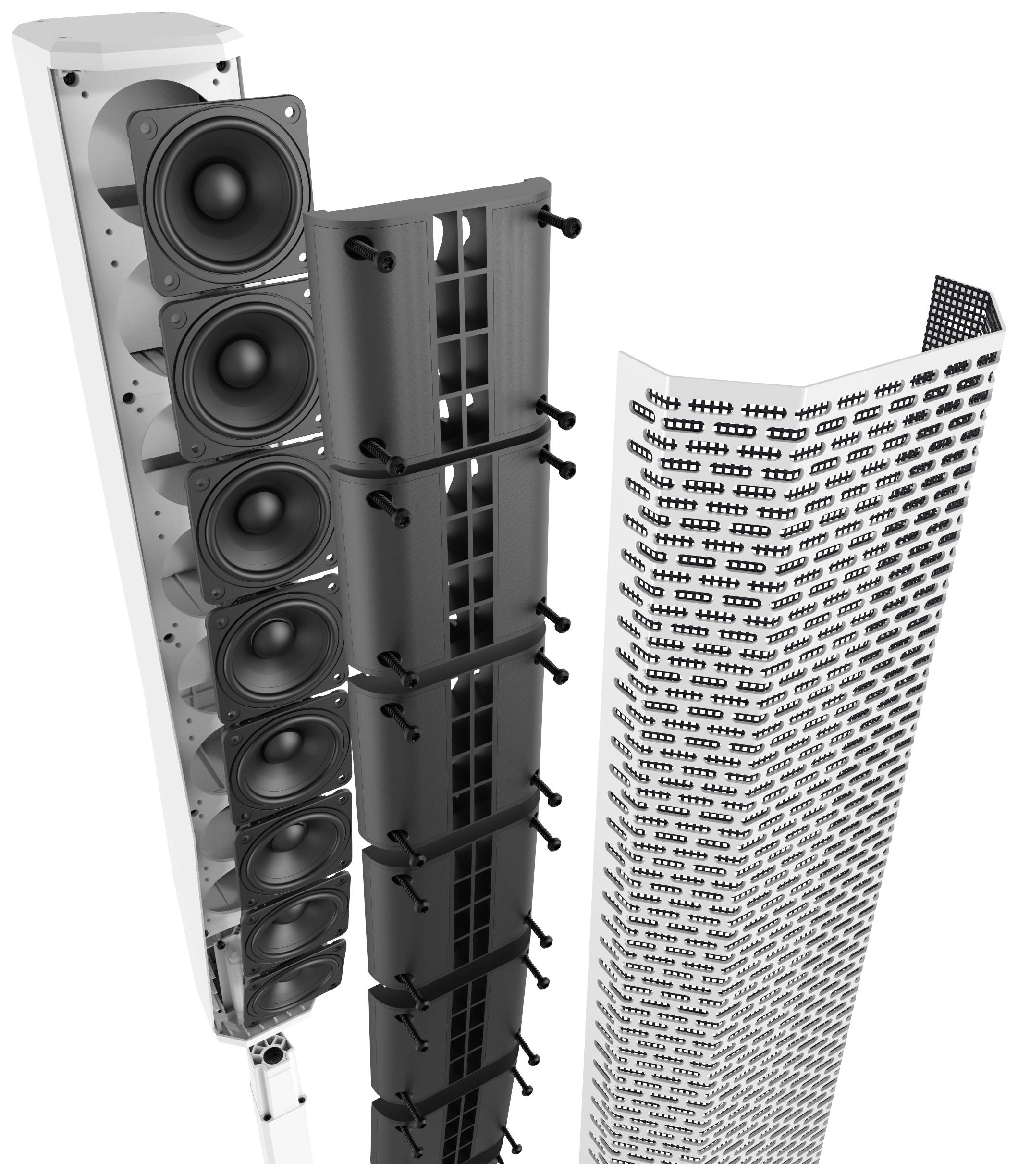 Speaker system with multiple circular speakers, a central mounting and a perforated cover.
