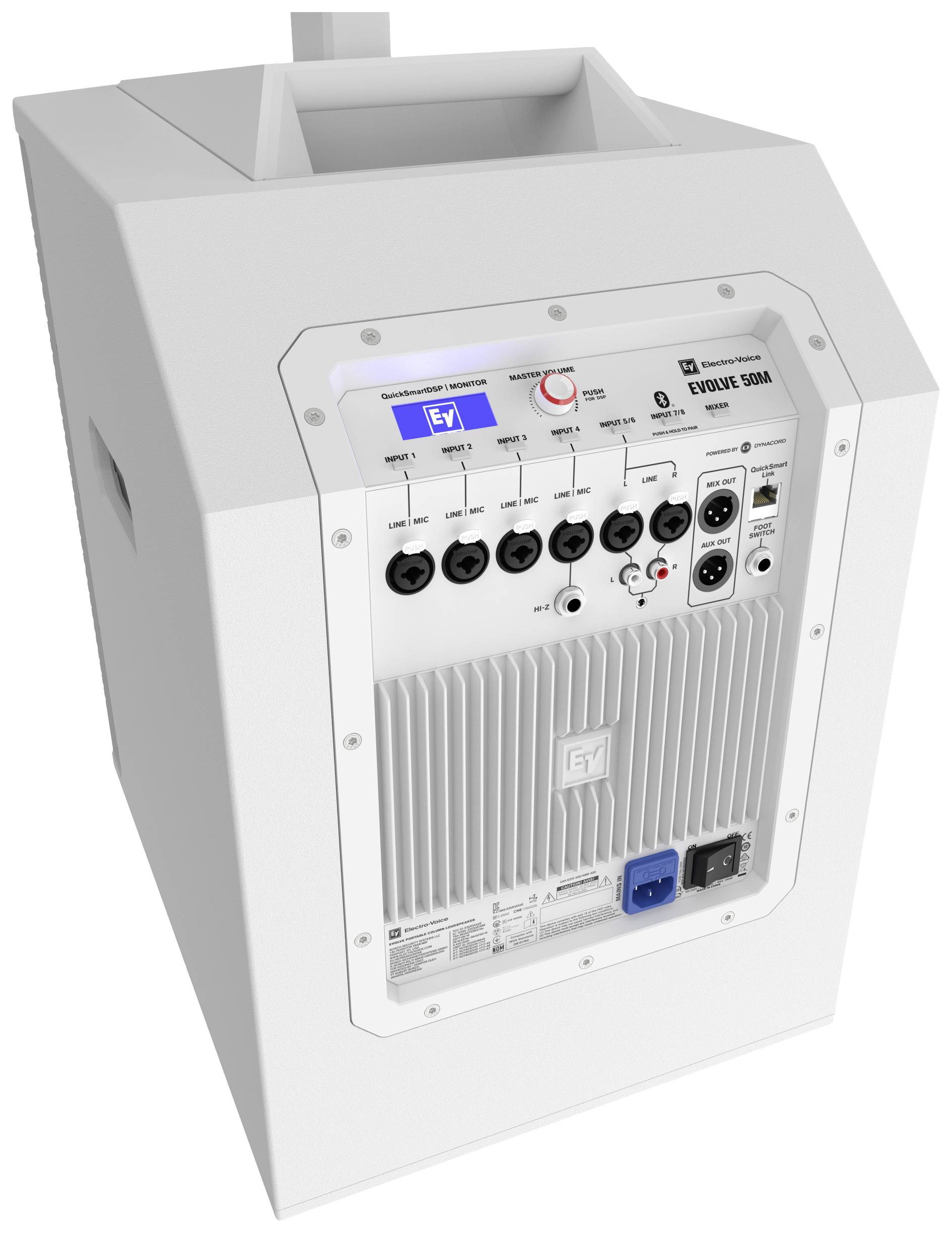 A white speaker with multiple inputs and controls on the front panel, suitable for professional audio applications.