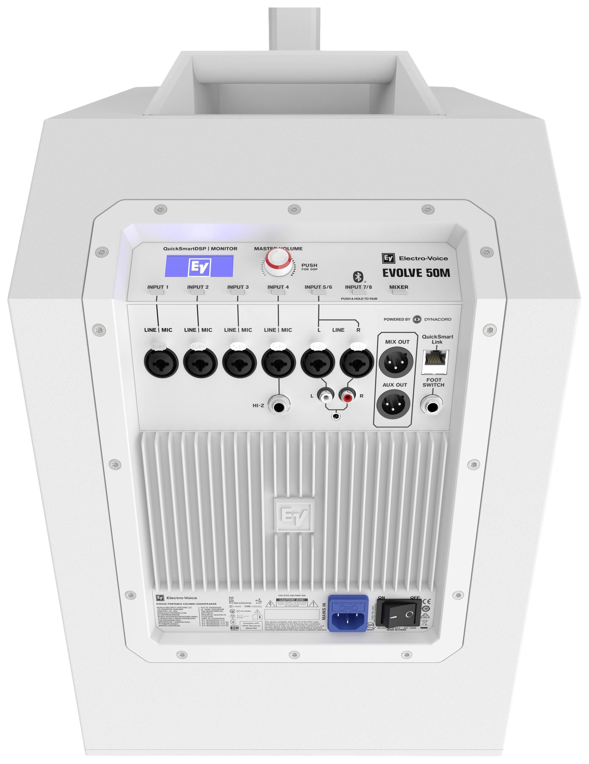 'EV Elektro-Voice EVOLVE 50M' speaker rear panel with connections and controls, including inputs, outputs, and power connection.