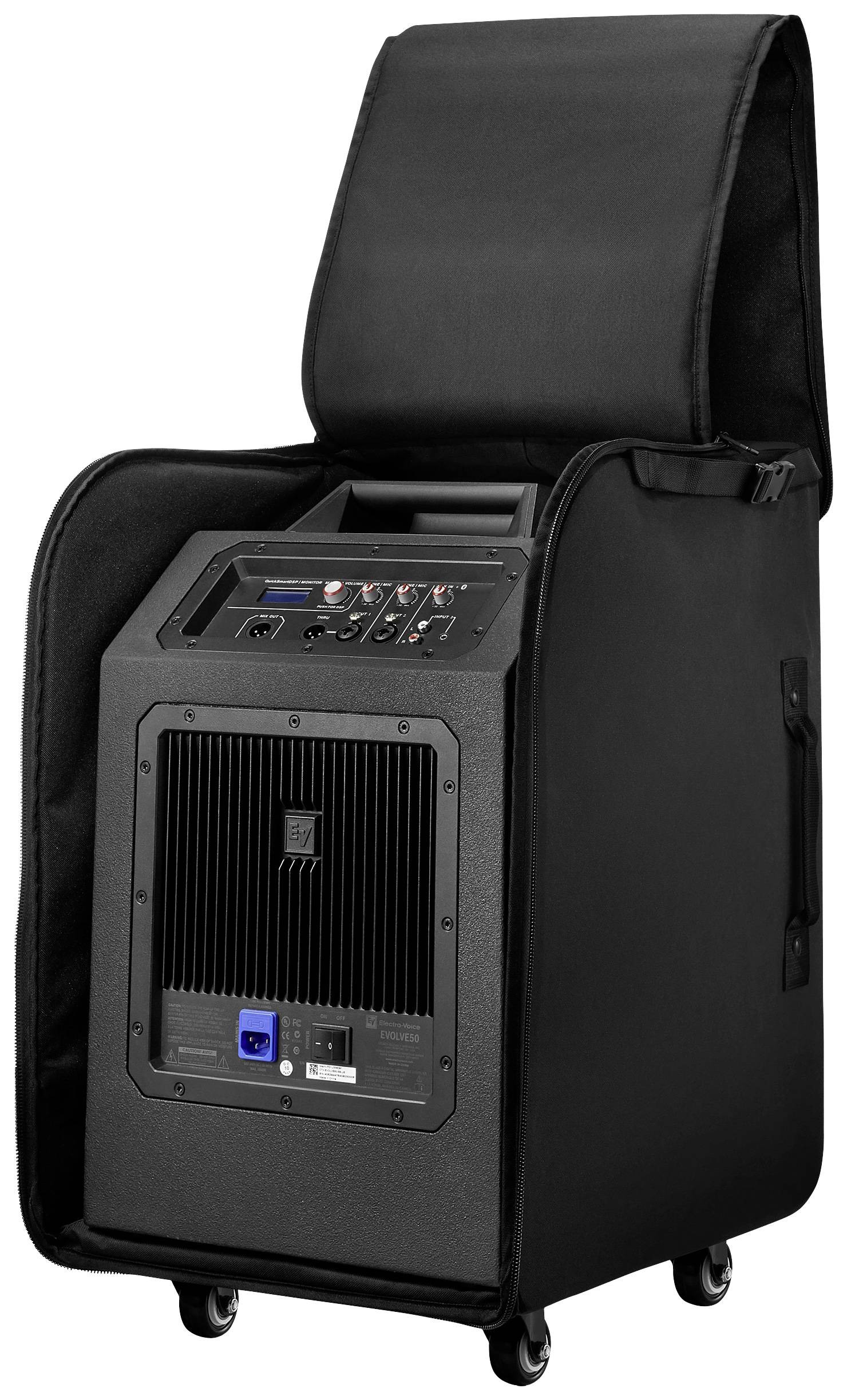 A black, portable audio device in an open protective case, mounted on wheels. Control elements for the audio area are located on the top.