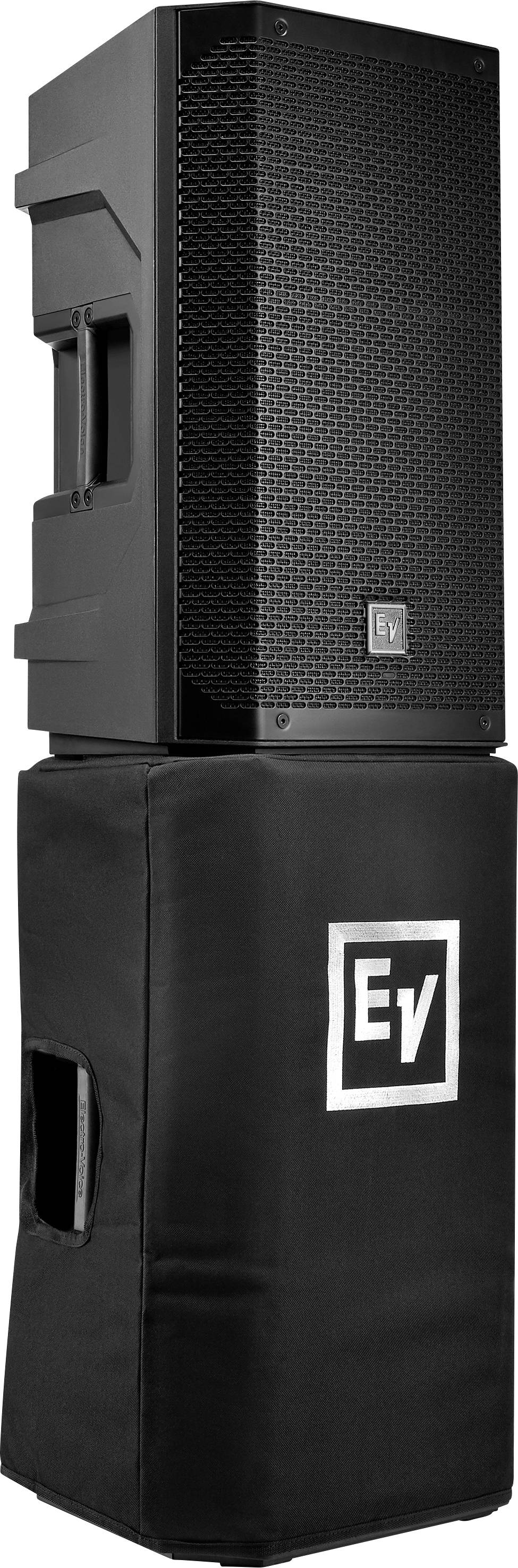 A stack of two black EV speakers, with the smaller one positioned on top of a larger speaker covered with a protective cover.