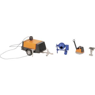 Toy Construction Machinery: An orange air compressor, a blue concrete mixer, a vibrating plate and a compactor.