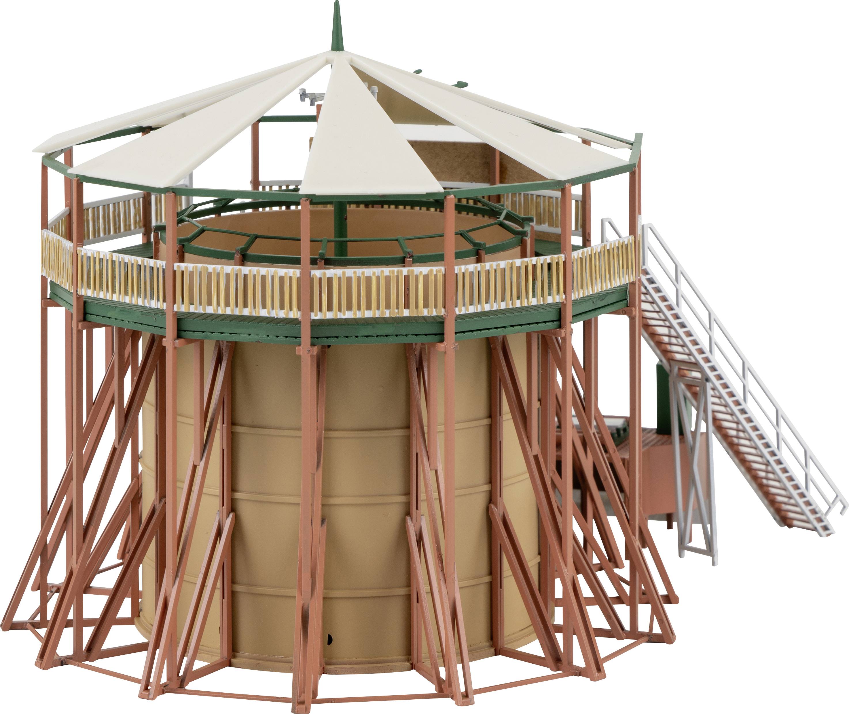 Model of a stylised round house with a staircase and an open roof. It has a structural timber-frame construction.