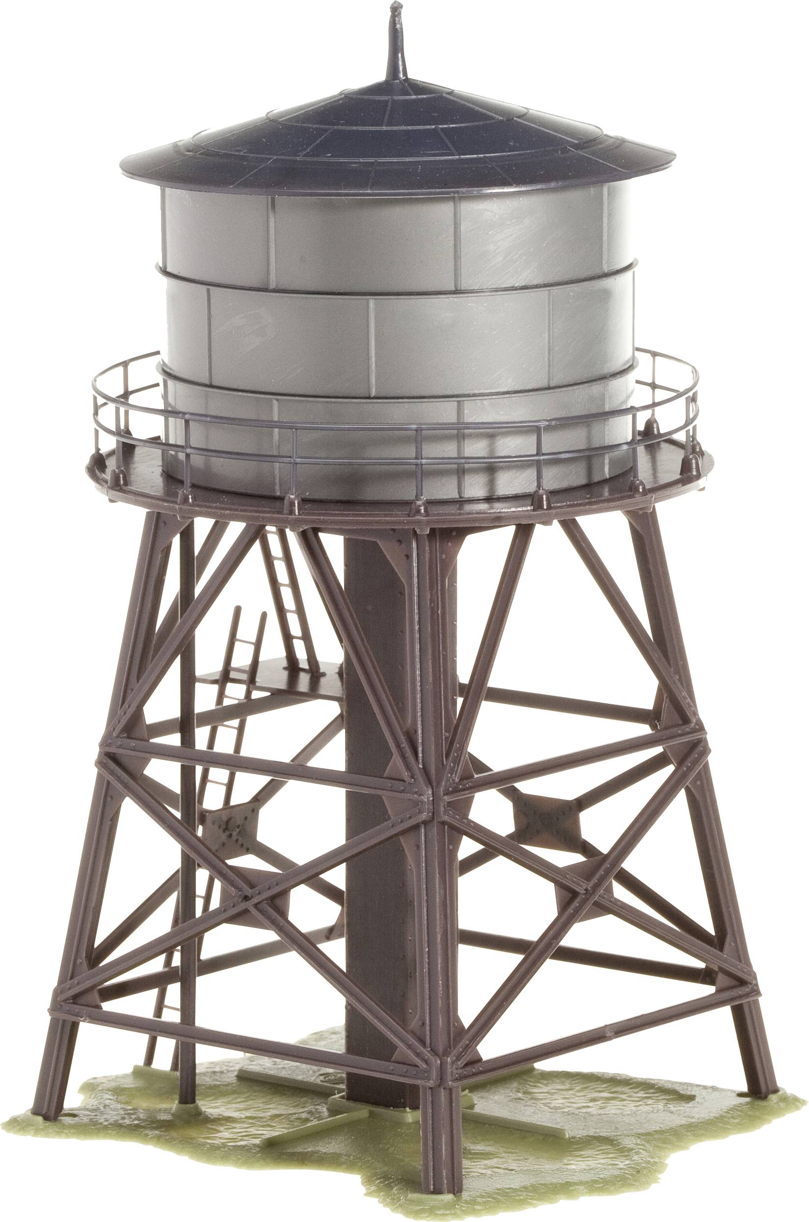 A water tower with a cylindrical tank mounted on a wooden or metal framework. A ladder leads to the platform beneath the tank.