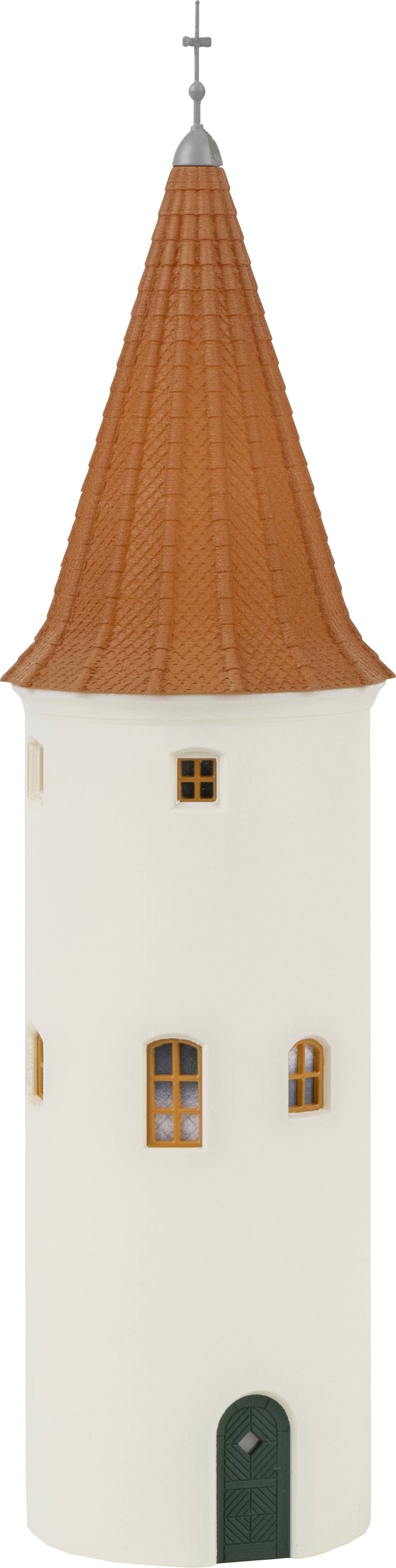 White tower with a red roof and a green door, several narrow windows. Tower peak with a metallic antenna.