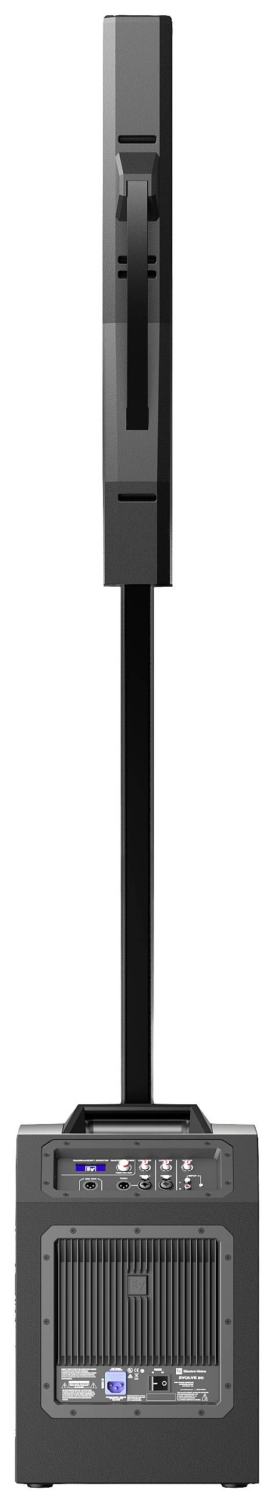 Black portable speaker system with handle, controls on top and speakers facing forward. Suitable for mobile use.