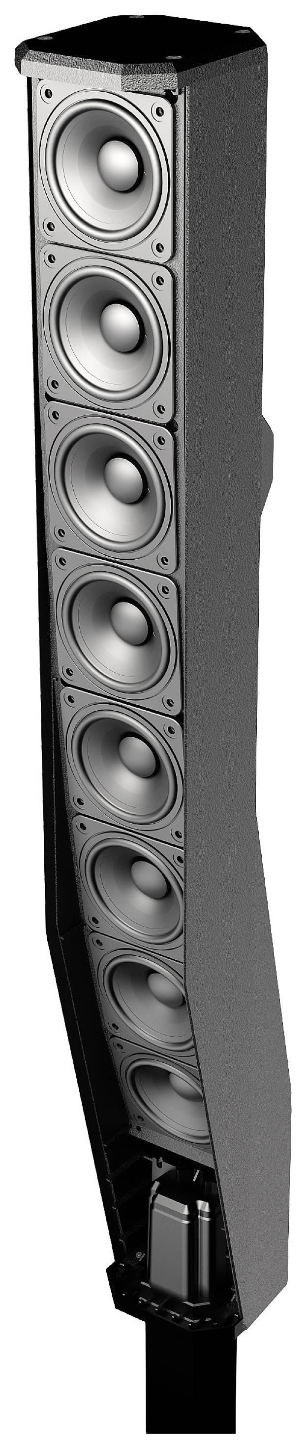 Speakers with multiple round drivers arranged vertically in a slender, black enclosure.