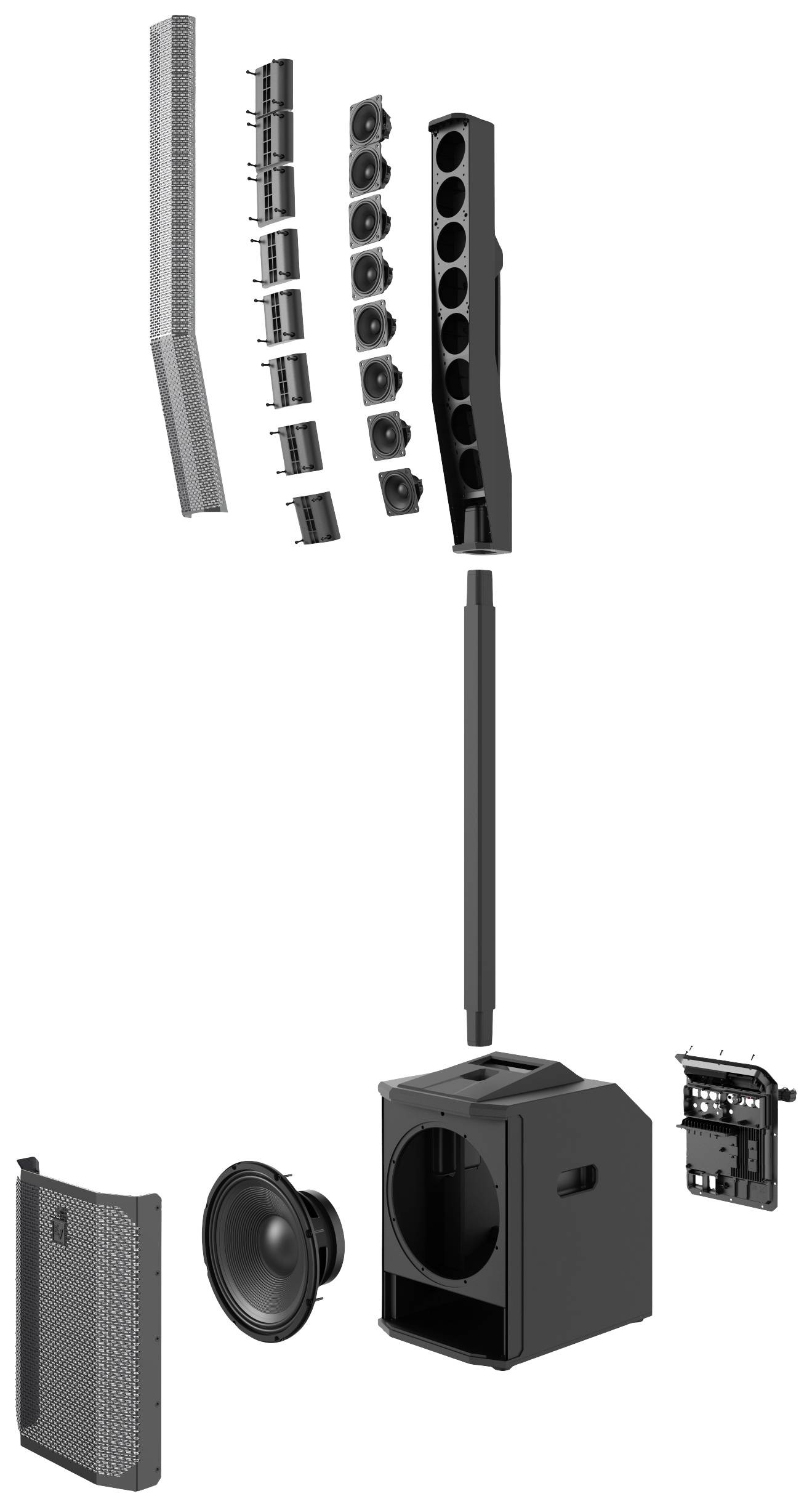 'Exploded Diagram of a Loudspeaker System with Individual Components: Speaker Units, Enclosure, Bass Box, and Power Supply Module'