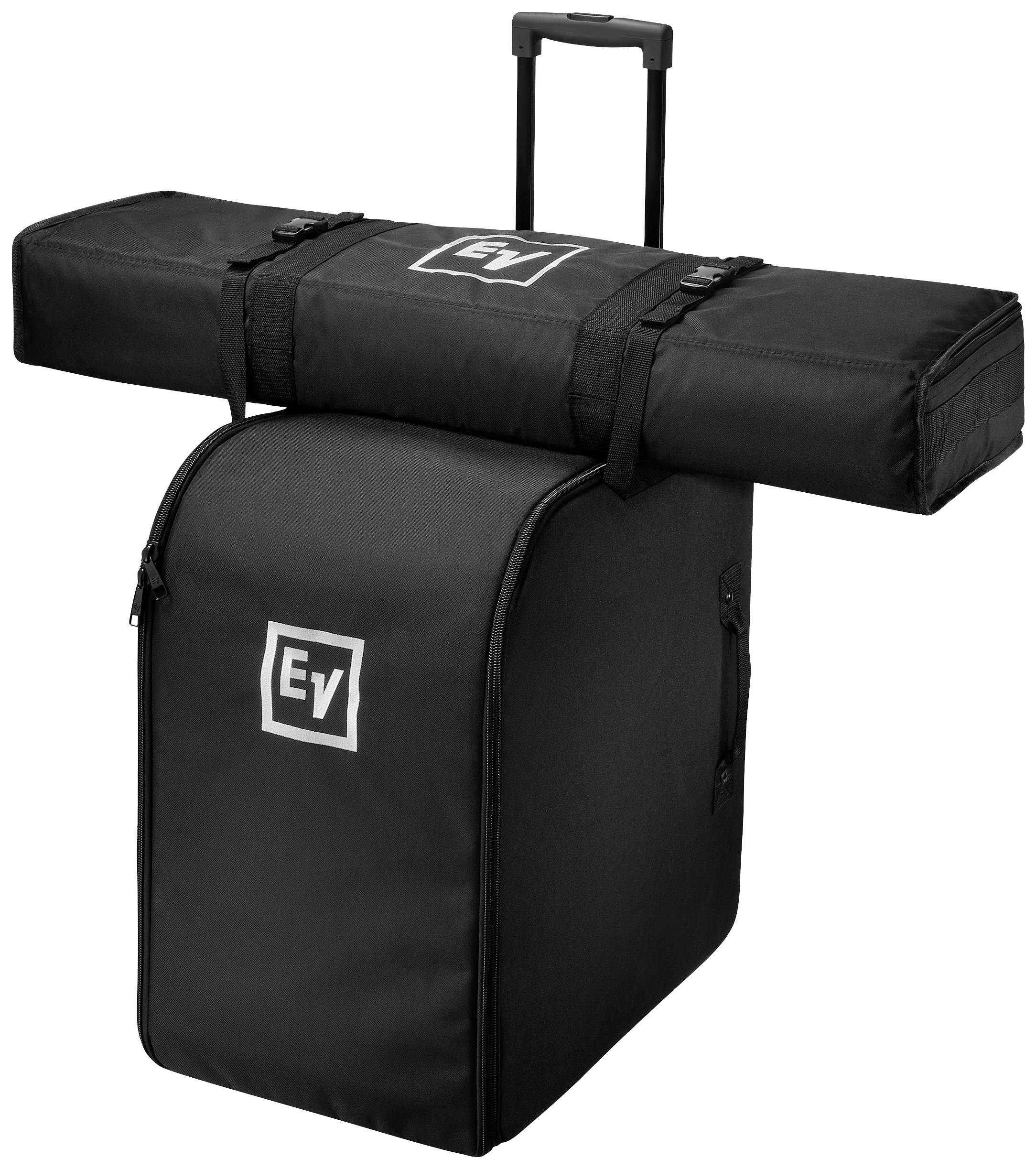 'EV' printed black transport set for a portable speaker system. The upper bag is oblong, the lower one square with handles.