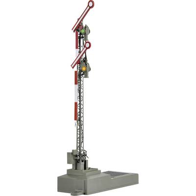 Railway signal with two movable arms, which are marked red and white, mounted on a grey base. Indicators show stop signal.