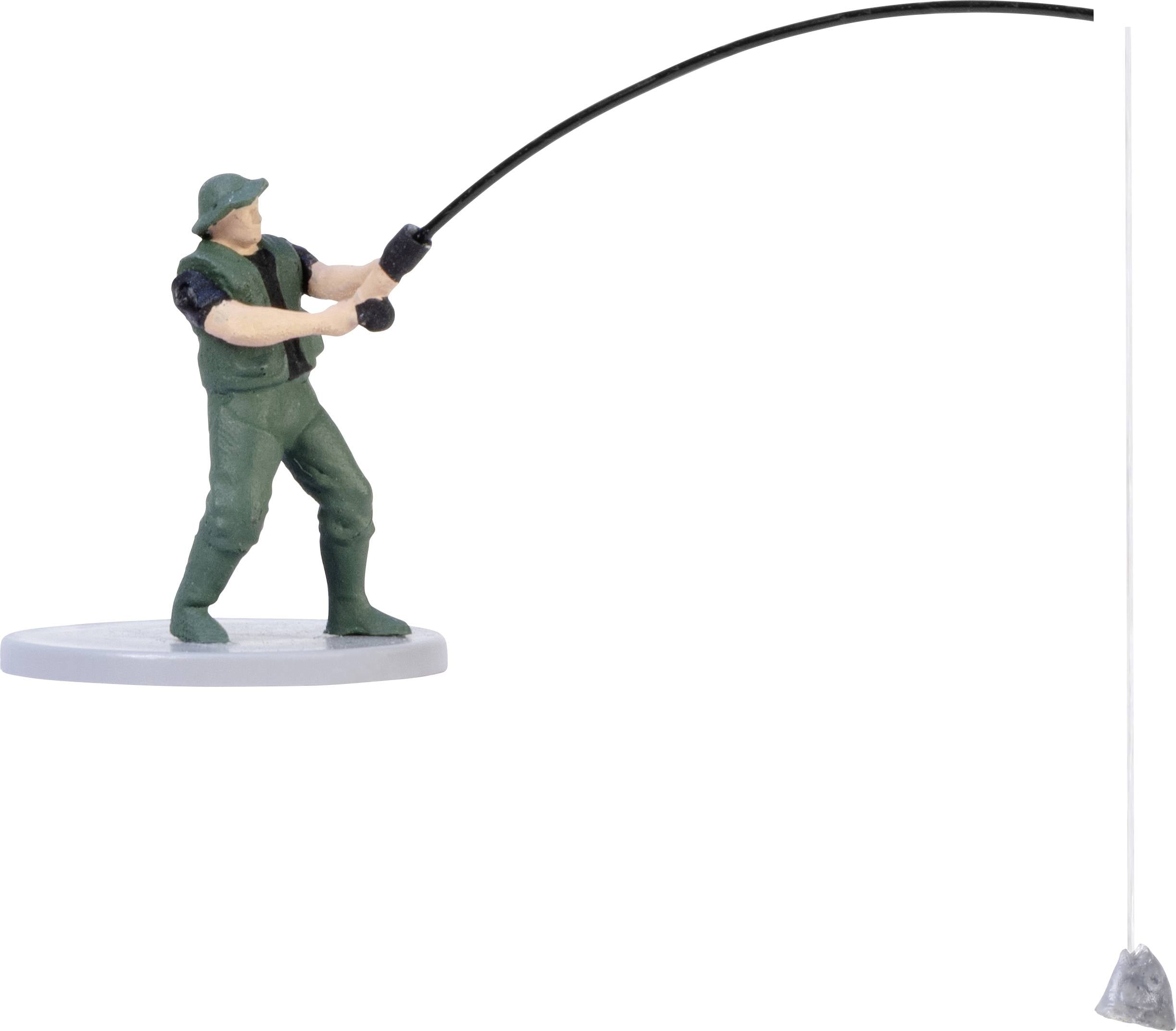 A small figurine of an angler standing with a fishing rod in hand, ready to fish.