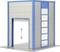 Grey and blue garage door model with a vertical arrow indicating the opening direction. Walls have blue frames.