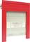 Red garage door with grey panels and a transparent section in the middle.