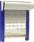 'An opened white and blue roller shutter window with a visual barrier made of panels, hanging in a bright environment.'